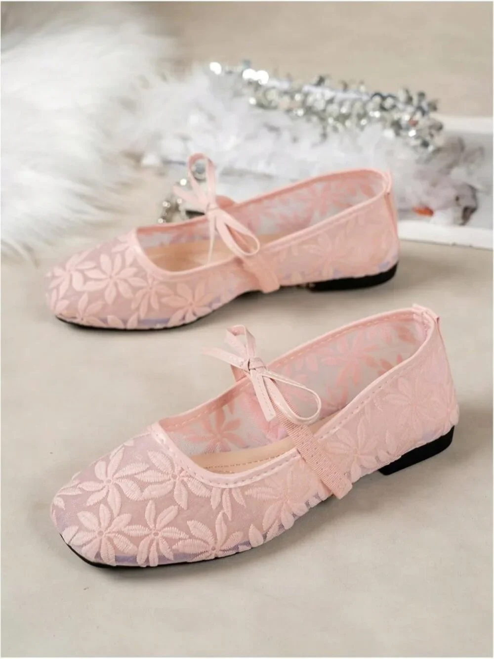 Women's Pastel Pink Mesh Ballet Flats Lace Bow Square Toe Wedding Dressy Shoes